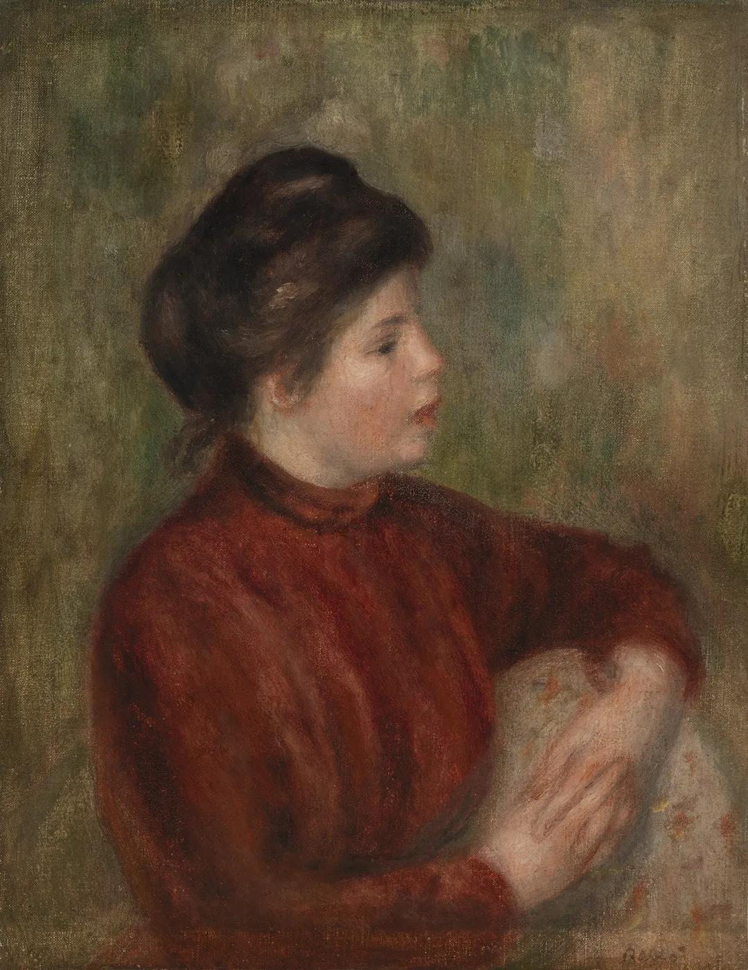 A woman in a high-collared burgundy dress rests her clasped hands on a chair back, shown in profile against a mottled green backdrop