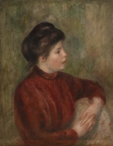 A woman in a high-collared burgundy dress rests her clasped hands on a chair back, shown in profile against a mottled green backdrop