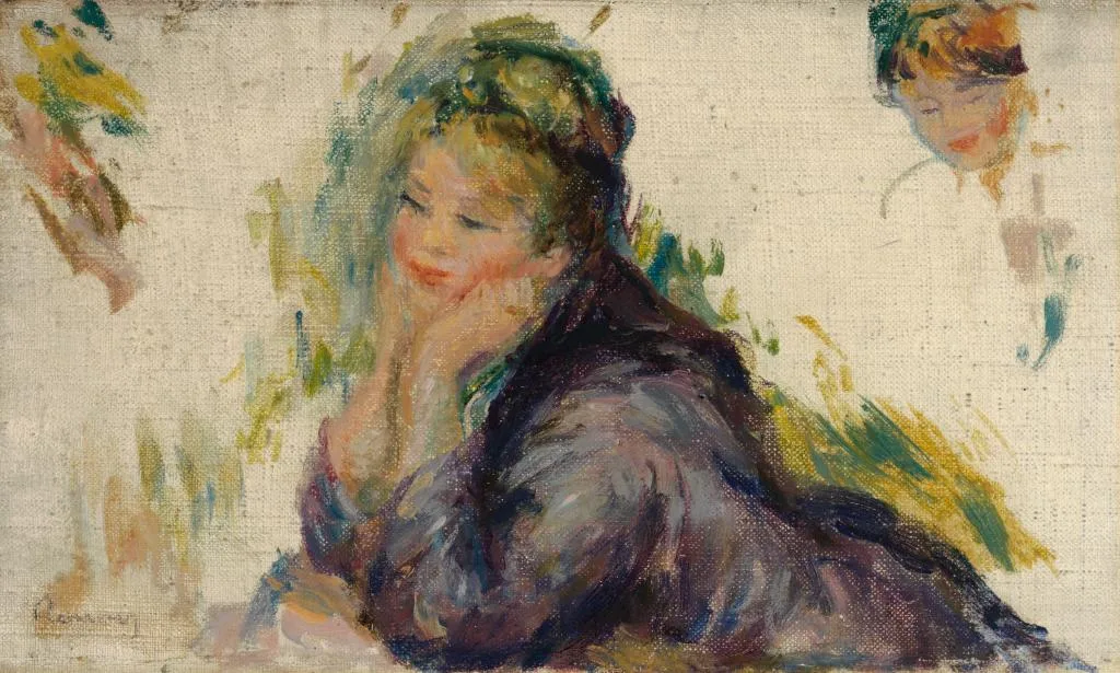 An unfinished portrait of a woman resting her chin on her hand, with a small separate head study on bare canvas, in muted purple, green, and cream.