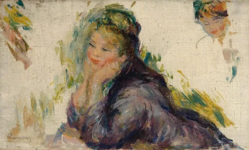 An unfinished portrait of a woman resting her chin on her hand, with a small separate head study on bare canvas, in muted purple, green, and cream.