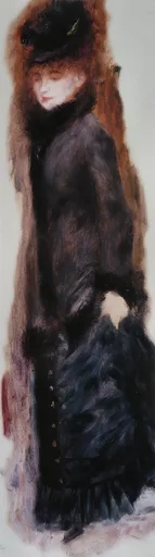 A tall narrow painting of a woman in a black hat and dress, glancing back while lifting the hem of her skirt