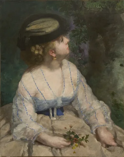 A woman in a black hat and pale striped dress tilts her head upward, holding a small bunch of wildflowers, against a dark wooded background