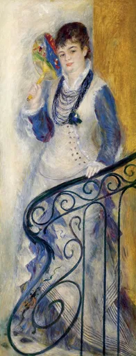 A fashionable woman in a blue and white dress descends a wrought-iron staircase, holding a colourful fan, in blue, white, and gold tones