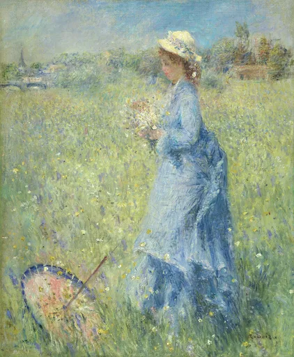 A woman in a blue dress and straw hat gathers wildflowers in a meadow, with a pink parasol lying dropped in the grass beside her