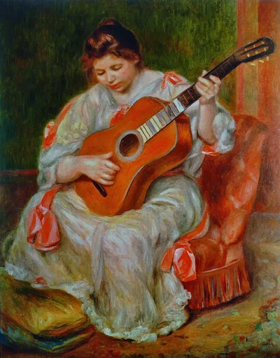 A woman in a white lace dress with orange ribbons playing a large guitar while seated in a red armchair, in deep green and warm orange