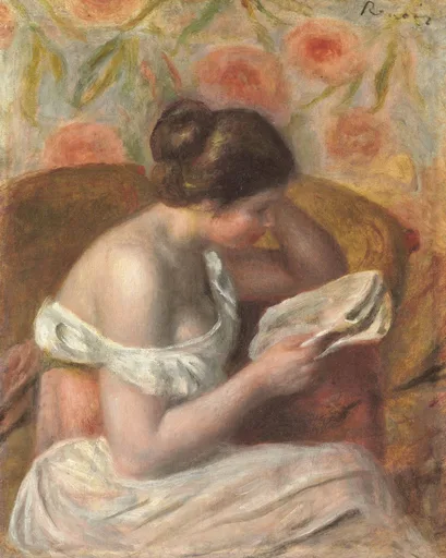 A woman with bare shoulders seen from behind reading a letter, against a wallpaper of pink roses