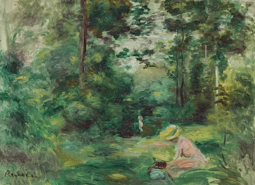 A dense green forest clearing with a small seated figure in a pink dress and yellow hat in the foreground