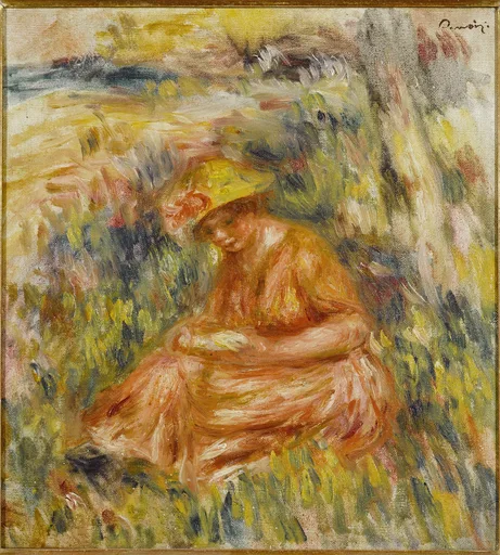 A woman in an orange dress and yellow hat seated reading in tall grass, in golden ochre and green brushstrokes