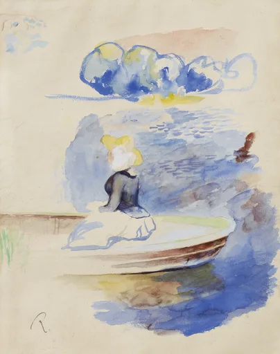 A watercolor of a woman in a yellow bonnet seated in a rowboat, seen from behind, in blue and cream washes
