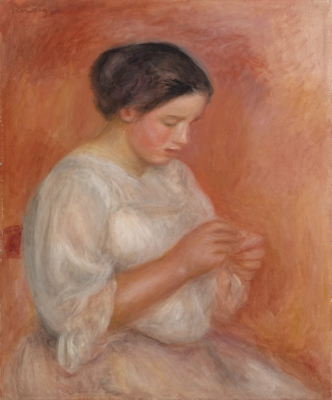 A woman in a loose white blouse bends over her sewing, set against a warm reddish-orange background