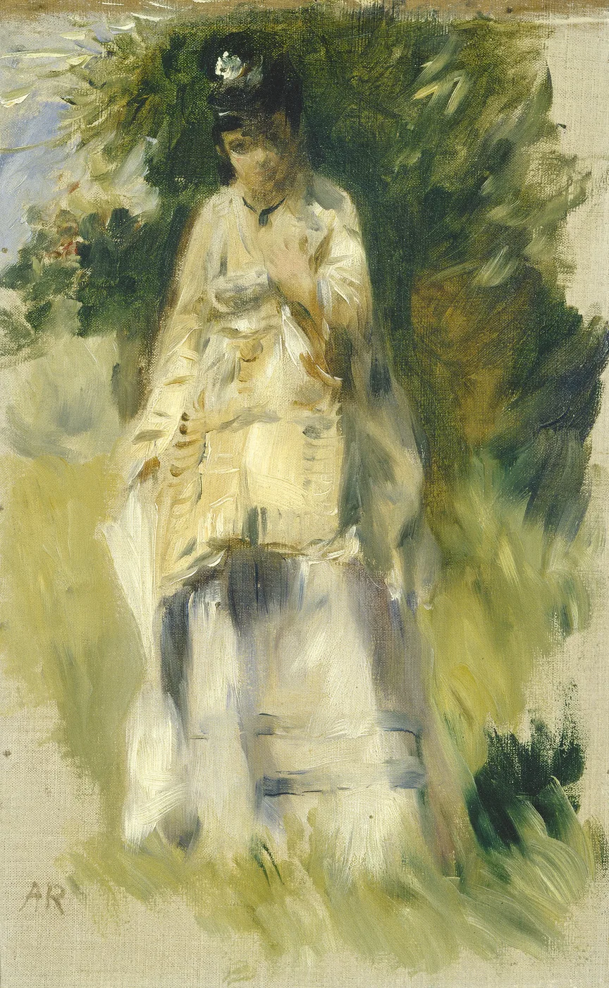 A woman in a pale dress with dark hair stands loosely sketched before dense green foliage, in soft cream, white, and olive tones