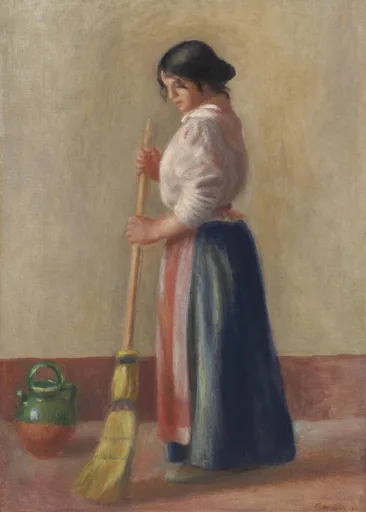A woman in a dark blue skirt and striped apron sweeps the floor beside a green pitcher, in warm cream, red, and navy tones