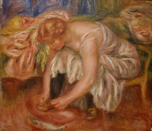A bare-shouldered redhead woman bends forward tying her shoe, seated on a chaise, in warm pink, cream, and rust orange tones