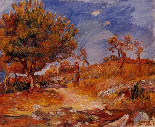 A small figure walking a sunlit path beneath a large orange autumn tree, in fiery orange against a blue sky