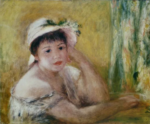 A bare-shouldered young woman in a straw hat trimmed with greenery rests her chin near her hand, against a warm ochre background