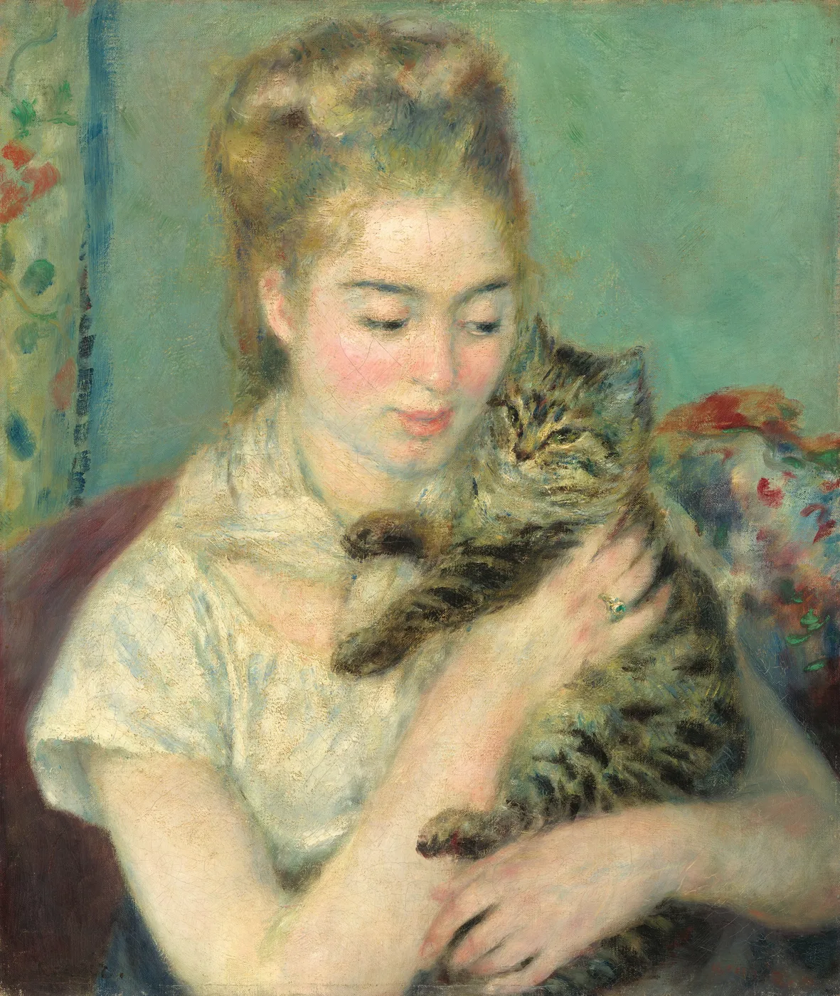 A woman in a white blouse cradling a striped tabby cat against her shoulder, in soft teal, cream, and warm flesh tones