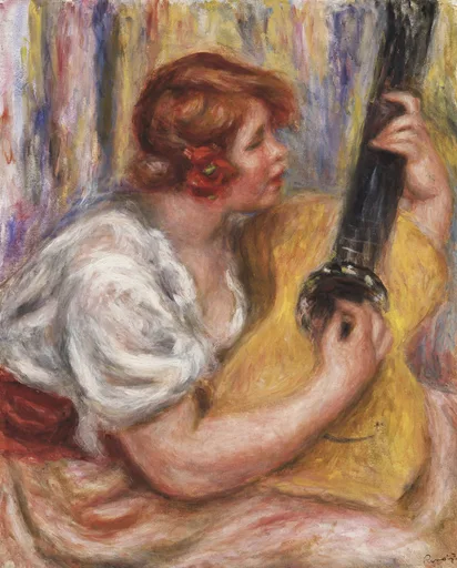A red-haired woman in a white blouse with a flower in her hair tunes a guitar, in warm gold, white, and rust tones