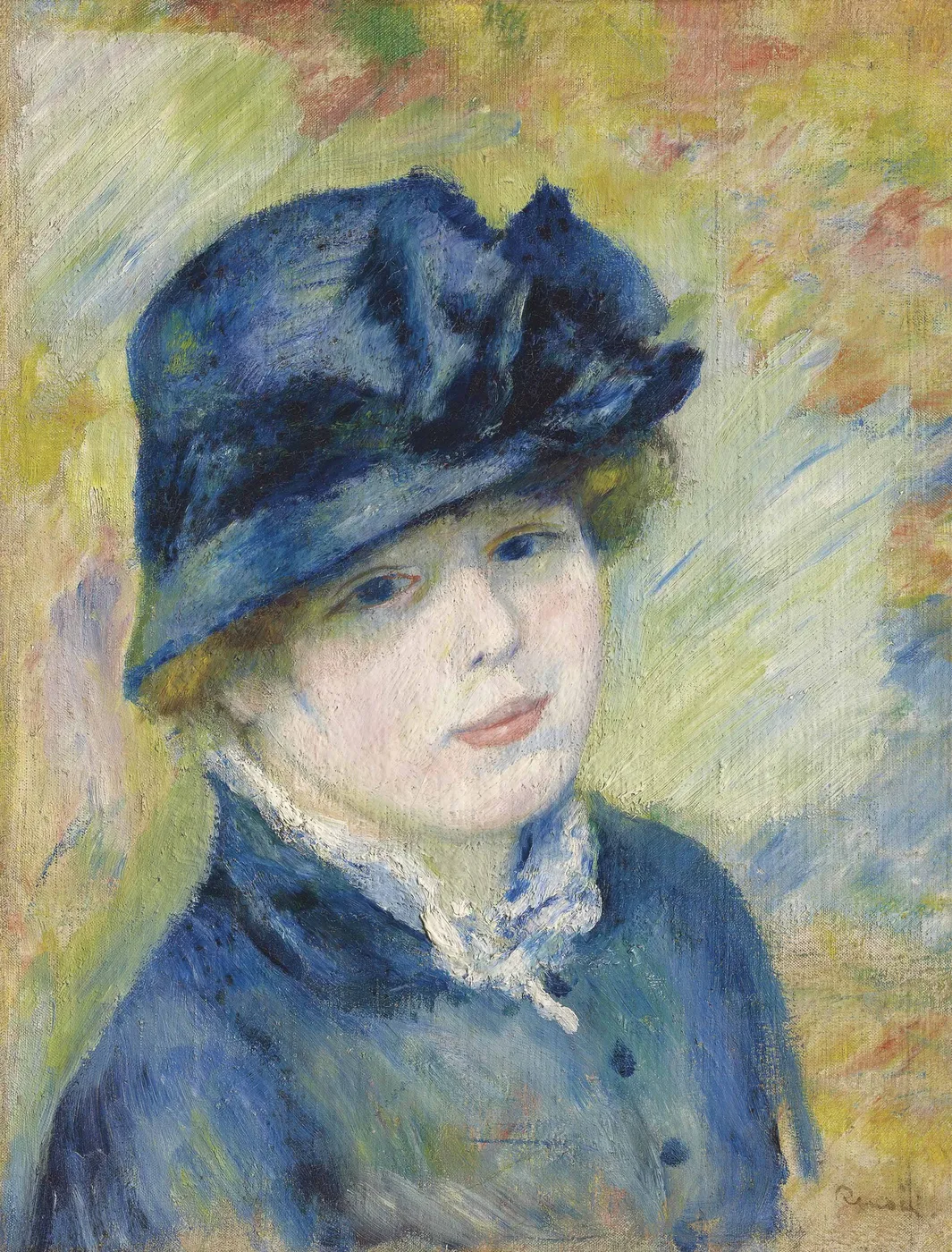 A young woman's portrait in a dark navy hat and blue jacket with a white lace collar, against a yellow green backdrop