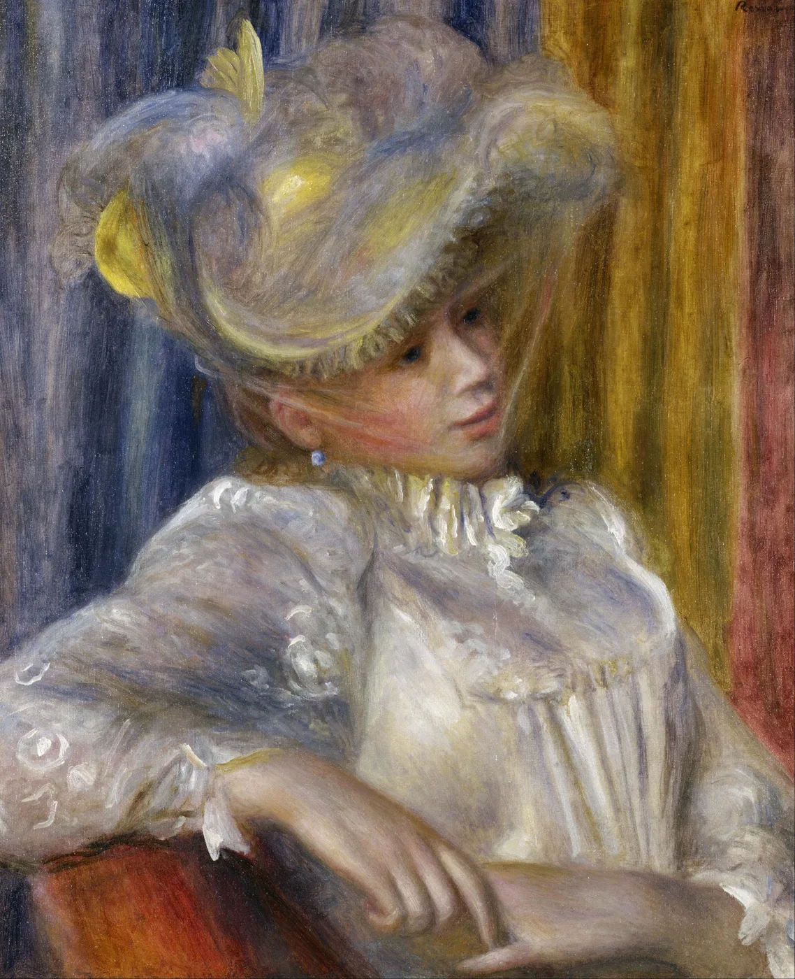 A woman in an ornate feathered hat and white ruffled blouse rests her arm on a chair back, in soft cream, lavender, and gold tones