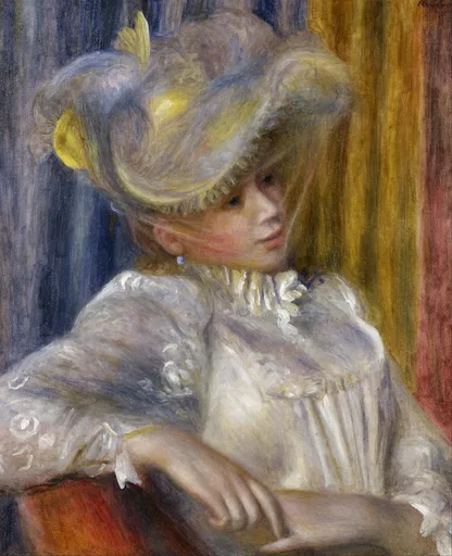 A woman in an ornate feathered hat and white ruffled blouse rests her arm on a chair back, in soft cream, lavender, and gold tones