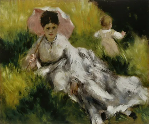 A woman in a white dress reclines on a grassy hillside holding a pink parasol, with a small child toddling nearby, in gold and green