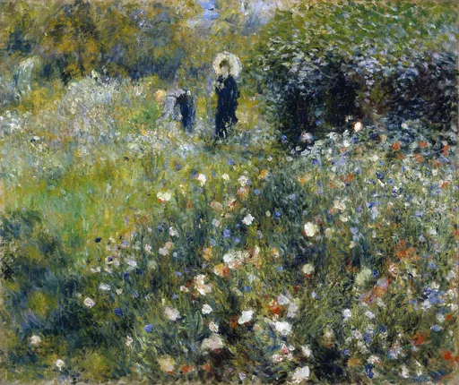 Two figures with a parasol stand amid a dense flowering garden path, surrounded by wildflowers in white, red and blue against lush green foliage