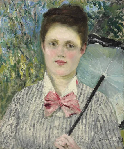 A woman in a striped blouse with a large pink bow, holding a pale blue parasol against green foliage
