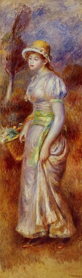 A standing woman in a lavender dress with a yellow green sash, carrying a basket of flowers, in warm ochre