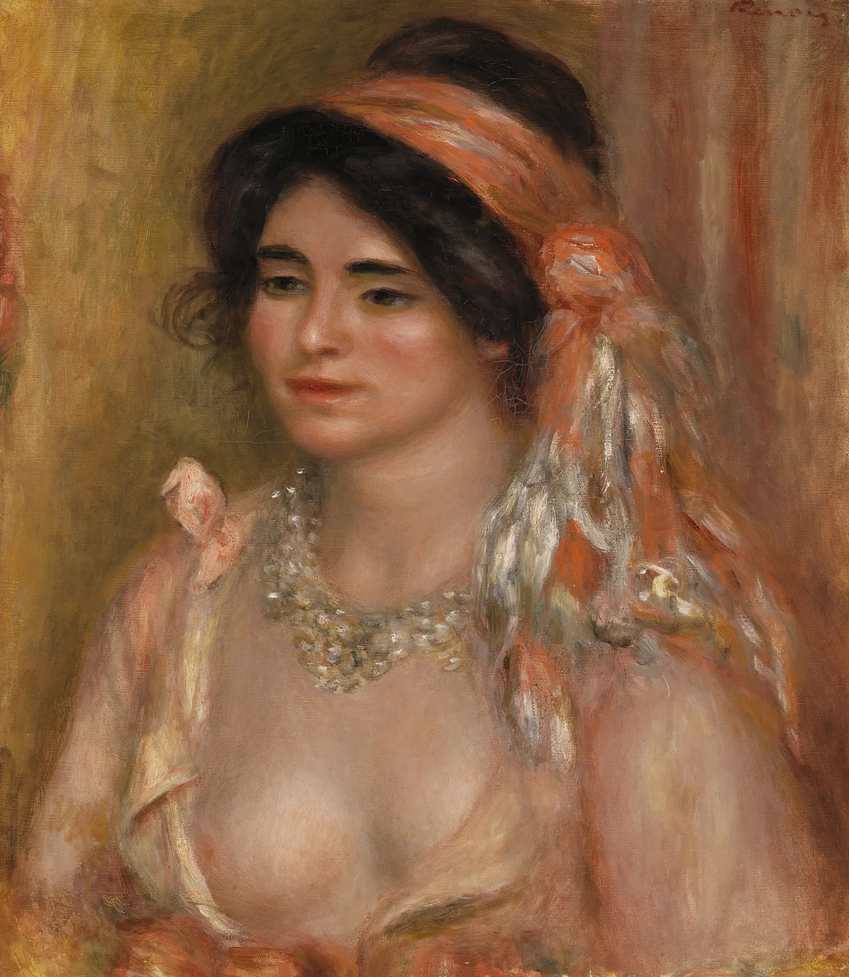 A dark-haired woman in an orange headscarf and beaded necklace, bare-shouldered, against a warm golden background