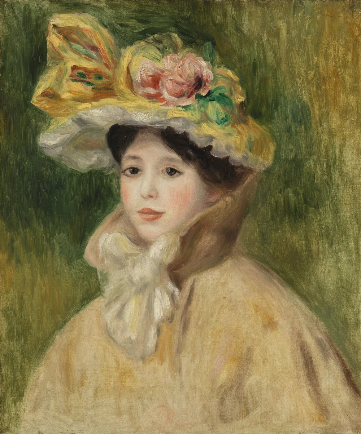 A young woman in a wide yellow hat trimmed with a pink rose and a white bow at her collar, against a leafy green background