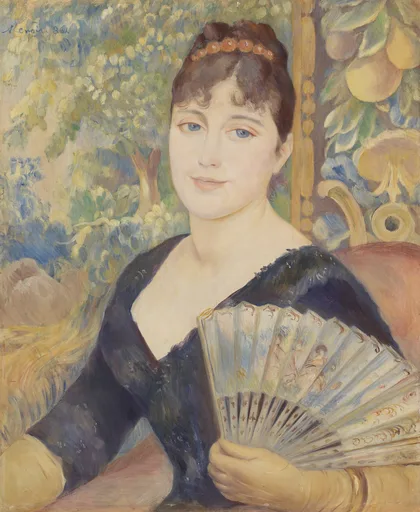 A woman in a dark blue dress holds an open painted fan, seated before a decorative screen and leafy garden, in soft blue, gold, and cream tones