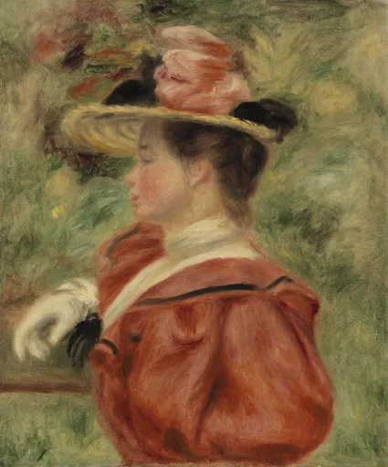 A woman in profile wears a red coat and a straw hat trimmed with a large pink rose, resting a white-gloved hand on a railing, against a leafy green backdrop