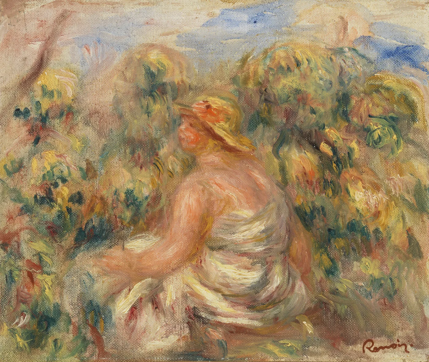 A woman in a straw hat and white dress sits with her back turned amid flowering bushes under a blue sky, in warm peach and green tones