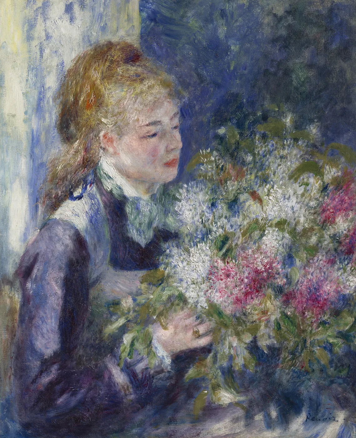 A young woman with a ponytail looks down at an armful of white and pink lilacs, in cool blue and violet tones