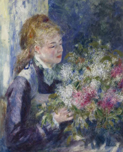 A young woman with a ponytail looks down at an armful of white and pink lilacs, in cool blue and violet tones