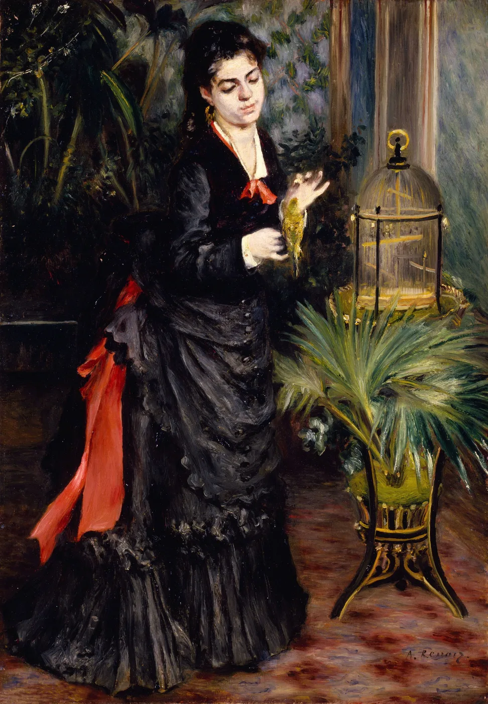 A woman in a black dress with a red bow holding a green parrot beside its cage and a potted palm, in black, red, and deep green