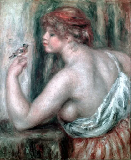 A bare-shouldered woman with red hair reaching toward a small bird perched on her hand, in soft flesh and green
