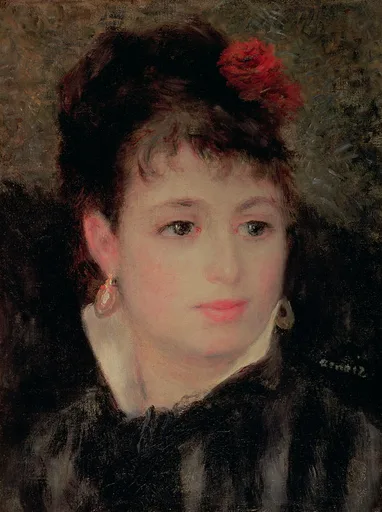 A close portrait of a dark haired woman with a red rose in her hair and gold earrings, in warm flesh tones and black