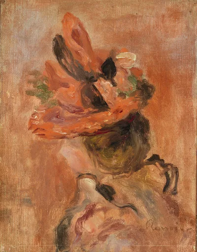 A loosely brushed sketch of a woman's head wearing a red hat with dark plumes, in warm orange and rust tones