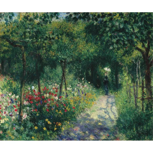 A garden path lined with red and white flowers under a green tree canopy, with a woman holding a white parasol