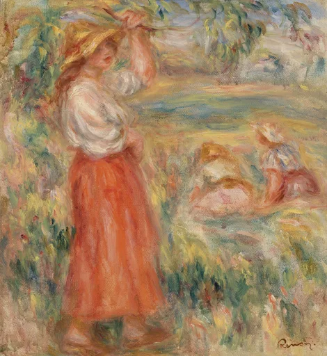 A woman in a straw hat and white blouse stands in a field beside a stooping companion, in warm rust orange and green tones