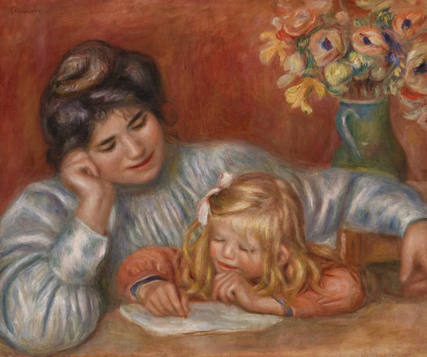A woman watches a young girl practise writing at a table, with a vase of flowers nearby, in warm red and soft blue tones