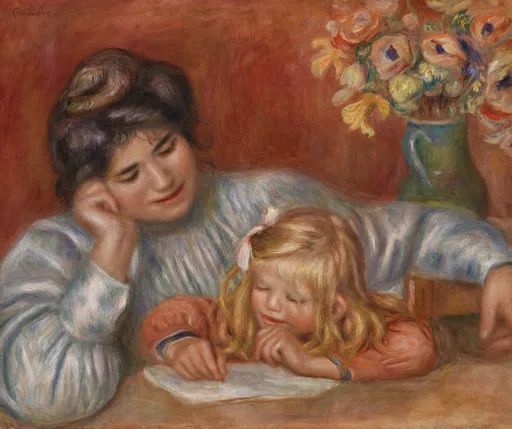 A woman watches a young girl practise writing at a table, with a vase of flowers nearby, in warm red and soft blue tones