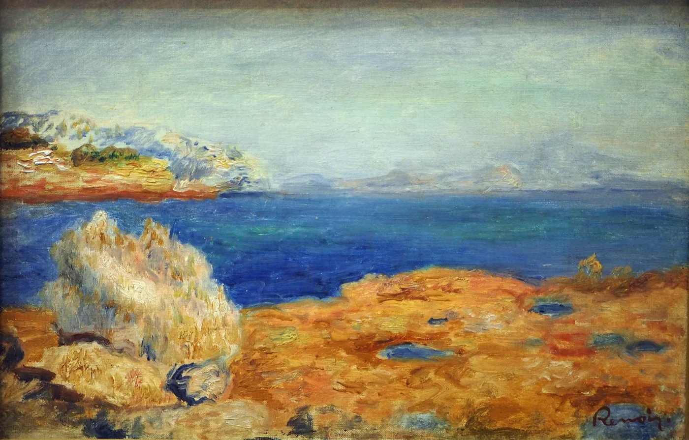 Golden rocks meet a deep blue sea beneath a pale hazy sky, painted in bold strokes of ochre and cobalt.