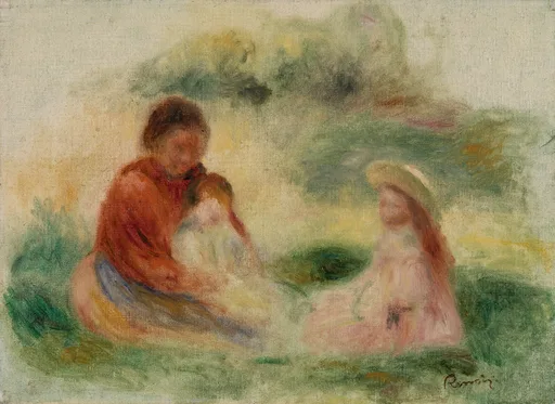 A mother in a red top sits on the grass holding a baby, with another child in a straw hat nearby, in soft green and cream tones