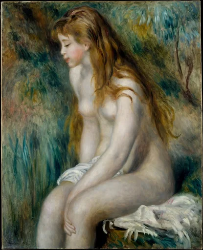 A nude young girl with long auburn hair seated outdoors, knee drawn up, a white cloth beside her, among green foliage