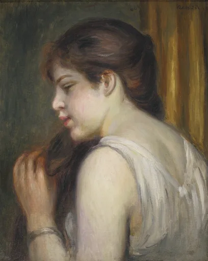 A young woman in a white dress is seen from behind arranging her hair, against a dark green wall and gold curtain.