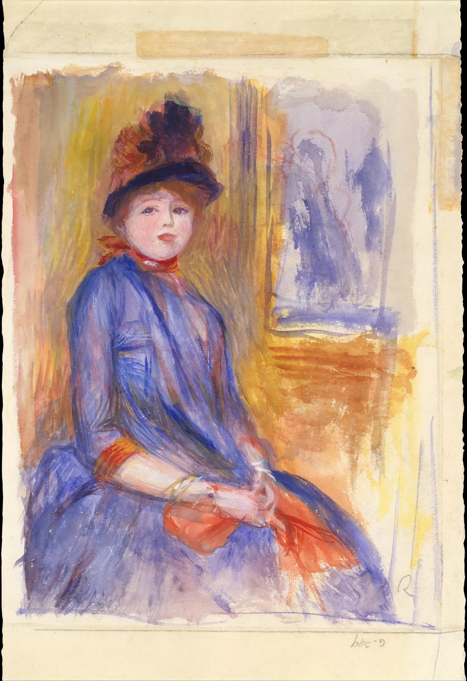 A watercolor sketch of a seated young woman in a blue dress and dark feathered hat, hands folded, in blue, ochre, and orange tones