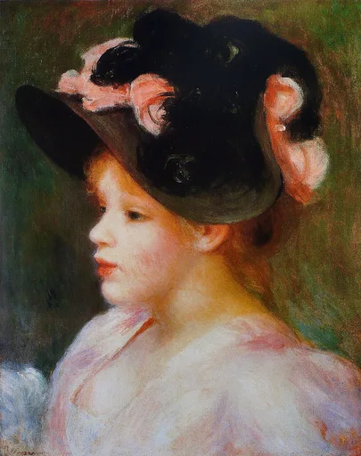 A young girl in profile wears a large black hat trimmed with pink roses, her bare shoulders wrapped in white against a green backdrop