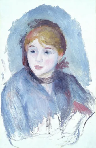 A young girl with dark reddish hair looks downward, wrapped in a blue shawl against a pale blue background, unfinished at the edges